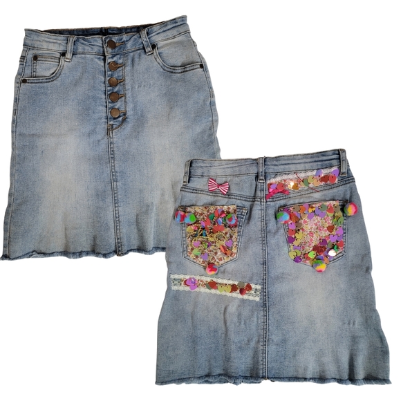 Girls Denim Skirt Upcycled Button Up Stretch Blue Denim. PARTY Christmas  size 6 - Picture 2 of 12